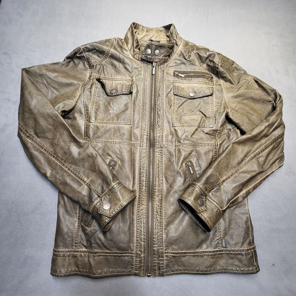 Jeans by Buffalo Faux Leather Jacket Mens L Brown Aviator Bomber Coat